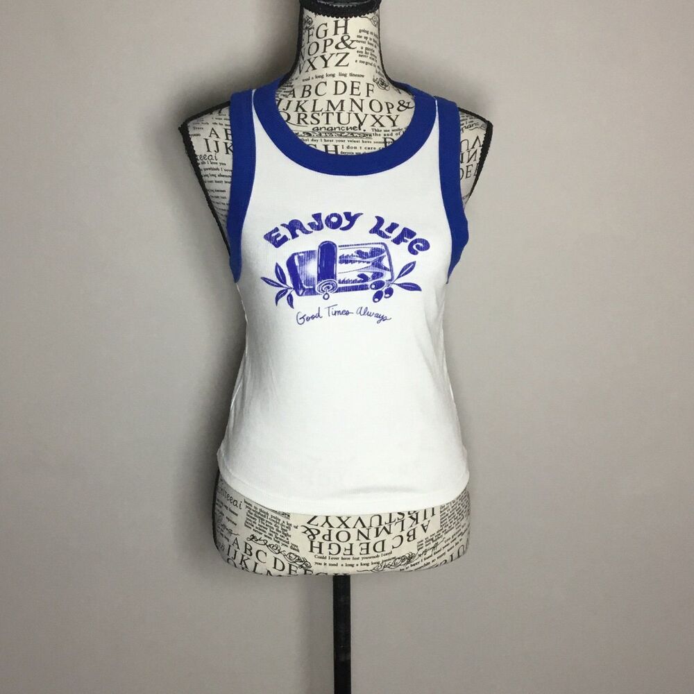 "Enjoy Life" coastal tank blue white ribbed stretchy sardine can uniquecore S
